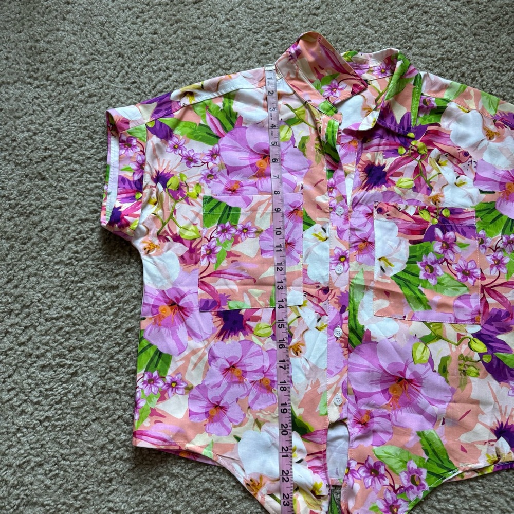 Boston Proper Cabo Fleurs Print Shirt Sz M Multicolor Versatile Short Sleeve - Picture 10 of 12